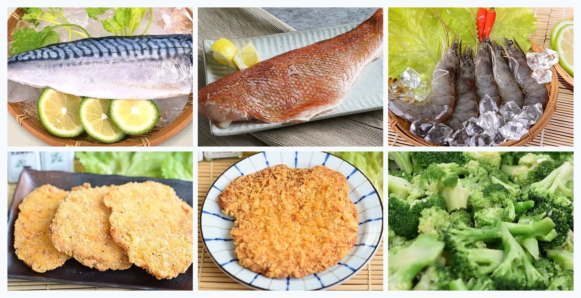真實型錄照片拼成的挪威鯖魚、魚貨、海鮮、雞豬肉與冷凍蔬菜餐飲食材矩陣